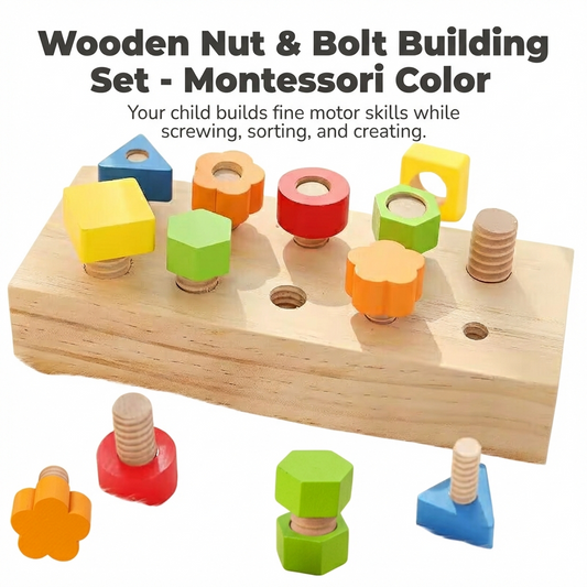 Wooden Nut & Bolt Building Set - Montessori Color Shape Sorter
