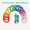 12 vibrant filament colours, 200m total, with USB-C cable