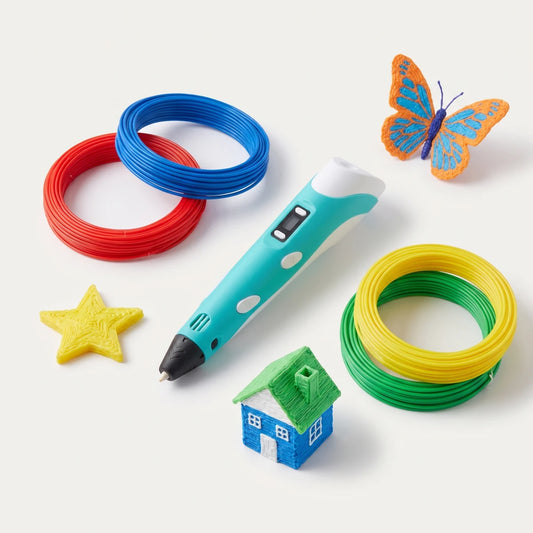 3D pen for kids studio packshot with filament spools and finished creations