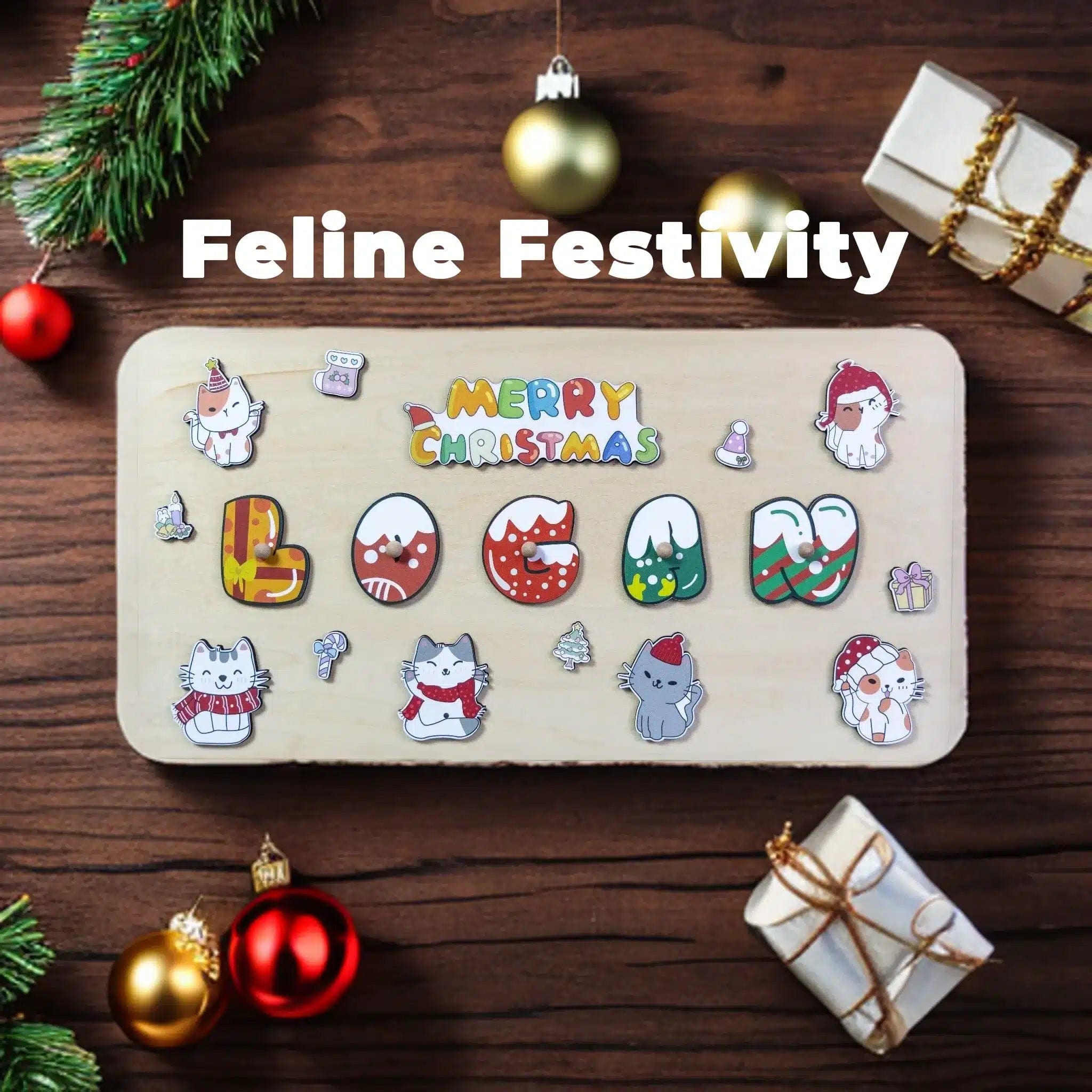 7 to 9 letters / Feline Fesivity Personalized Christmas Puzzle for Kids