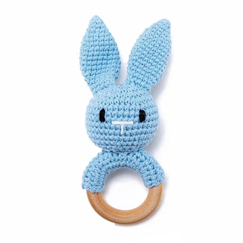 Blue Knitted Bunny Wooden Rattle
