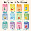 224 words across 12 fun learning themes shown as flash cards
