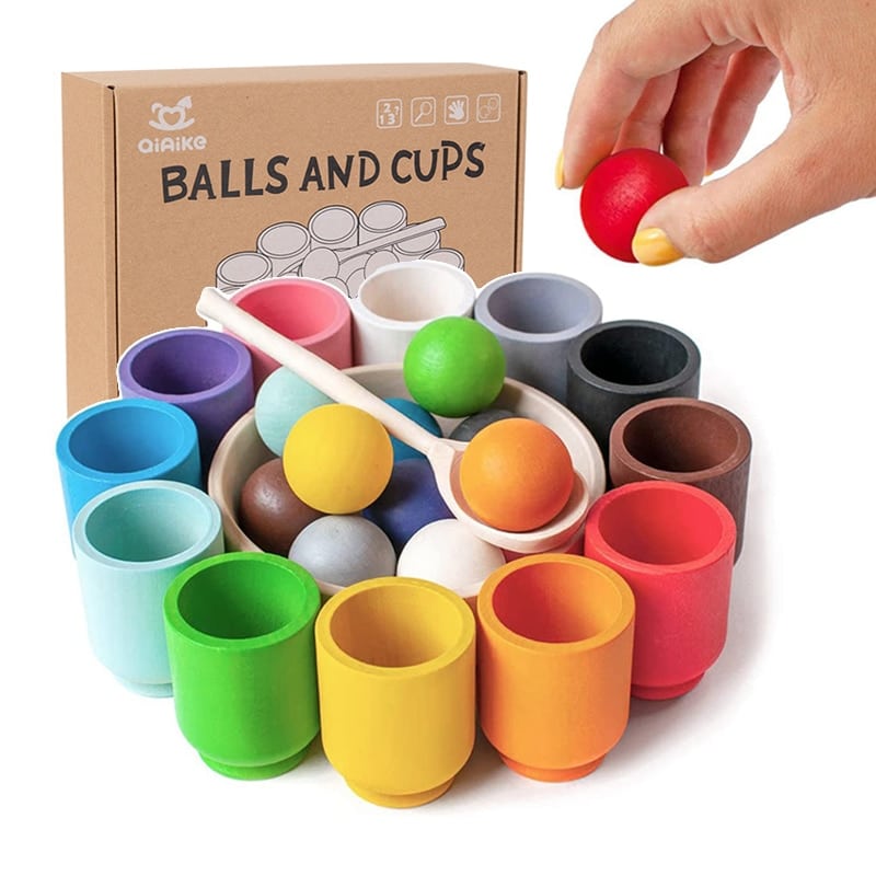 Montessori Wooden Toy Ball and Sorting Cup